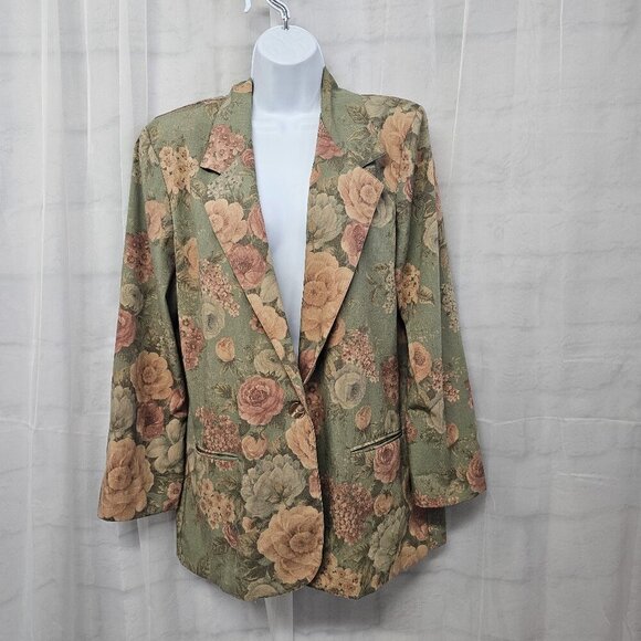 Vintage Toni Garment Green Peach Floral Blazer Cottagecore Romantic M - Picture 1 of 12